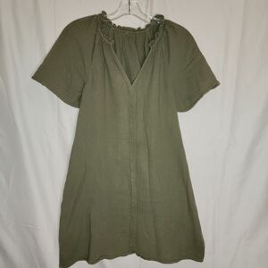 Olive Green Crinkle Cotton Gauze Short Sleeve Dress